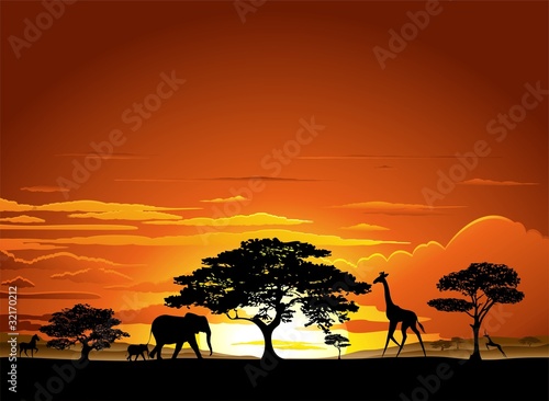 Naklejka na szybę Savana Tramonto e animali-Savannah Sunset and Animals-2-Vector