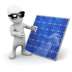 3d Little man is dazzled by his solar panel