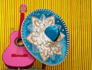 Wall Mural - mariachi embroidery mexican hat pink guitar