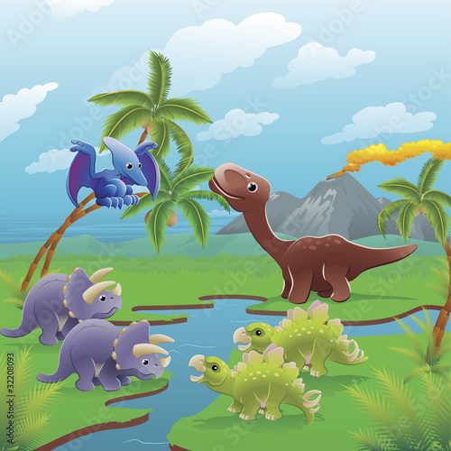 Fototapeta dla dzieci Cartoon dinosaurs scene.