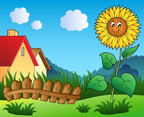 Sticker - Meadow with cartoon sunflower