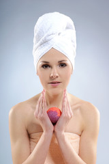 Wall Mural - Portrait of a young Caucasian woman after taking a bath