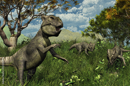 Board z aluminiowym obramowaniem Trzy archaeoceratops dinozaurów eksplorowanie - 3d render