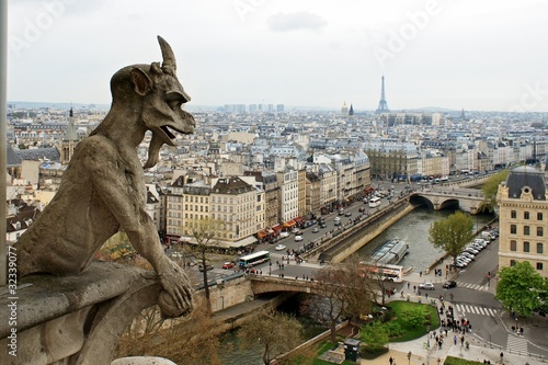 Board z aluminiowym obramowaniem Notre dame de paris: chimery z widokiem na panoramę miasta