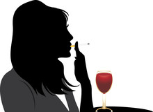 Silhouette Of Smoking Woman With Glass Of Red Wine