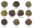 Isolated tea. Collection of famous chinese oolong teas isolated on white background, top view