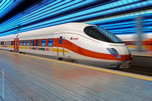 Fototapeta na wymiar High speed train departs from railway station with motion blur