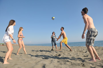 Wall Mural - young people group have fun and play beach volleyball