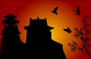 Wall Mural - traditional Chinese building at sunset