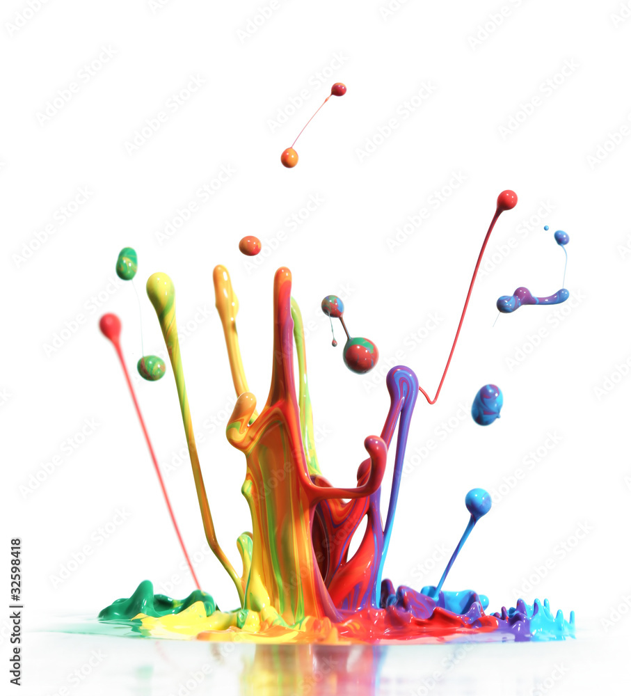 Colorful paint splashing isolated on white - obrazy, fototapety, plakaty 
