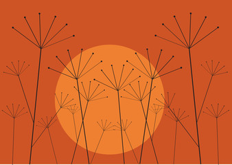  illustration with plants silhouettes and sunset