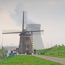 Old Windmill With Nuclear Cooling Towers, Antwerp