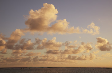 Cumulus Clouds above South Pacific Ocean at Sunset