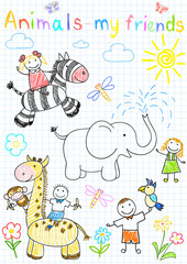 Wall Mural - Vector sketches happy children's and animals