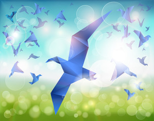 Fototapete - Paper Flight, Origami Blue Birds fly over beautiful landscape.