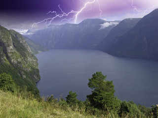 Canvas Print - Panoramic view of Geiranger Fjord during a Storm