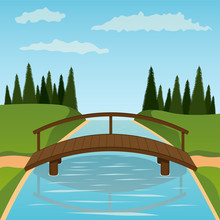 Small Wooden Bridge. Vector Illustration.