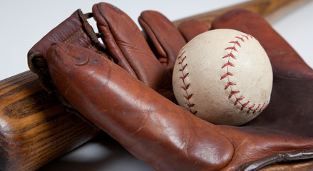 Antique baseball bat, mitt and ball