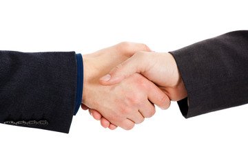 Wall Mural - Two businessmen hands handshake isolated on white