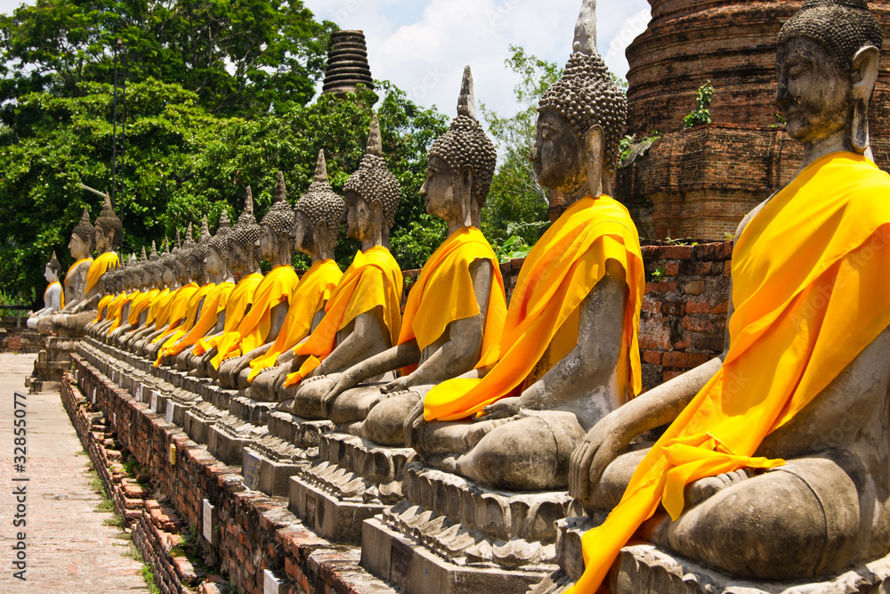 Row of Sacred Buddha in Ayutthaya - obrazy, fototapety, plakaty 