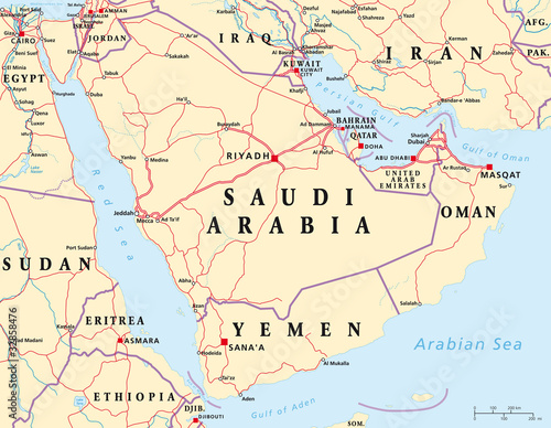 Arabian Peninsula Political Map With Capitals National Borders