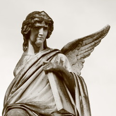 Poster - angel holding a book, antique statue on cemetery