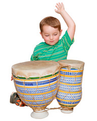 Young boy plays African bongo tom-tom drums, isolated on white