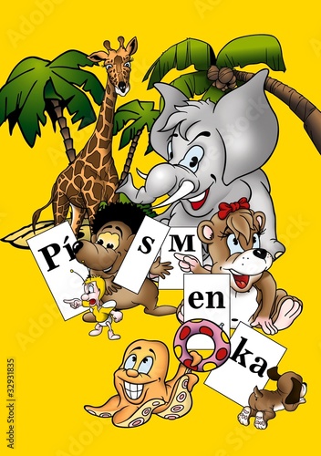 Plakat na papierze fotorealistycznym Zwierzęta i listy - ilustracja kreskówka tło