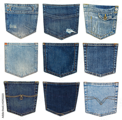 Fotografía collection of different jeans pocket isolated on white.