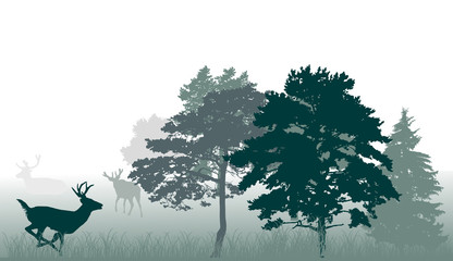 Wall Mural - green trees and running deer on white