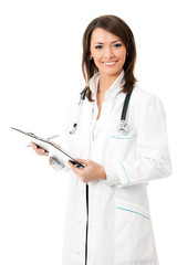 Happy smiling female doctor writing on clipboard, isolated