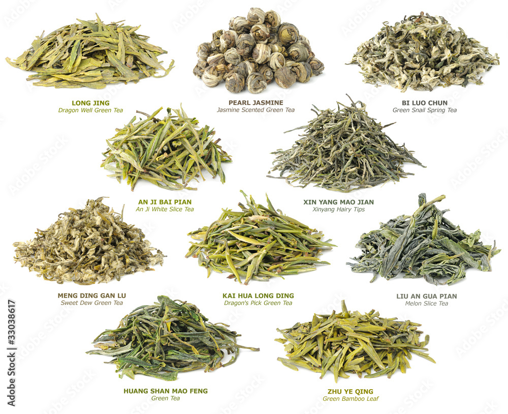Isolated tea collection. Piles of 10 famous Chinese green teas isolated