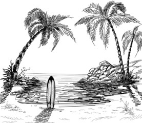 Seascape drawing with palm trees and surfboard