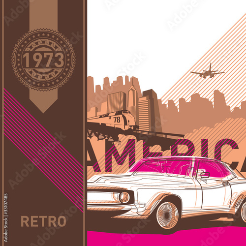 Naklejka - mata magnetyczna na lodówkę Illustrated retro background in american style.