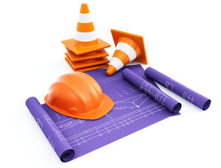 traffic cones and hardhat with plans