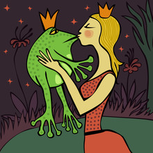 Blonde Princess Kissing The Frog At Night