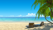 Two Stylish Beach Chairs On Idyllic Tropical White Sand Beach