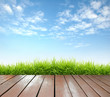 wooden terrace with fresh spring green grass