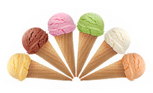 Strawberry, Chocolate, Vanilla And Mint Ice Cream Scoops Or Balls In Cones Isolated On White Background Including Clipping Path.