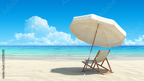 Fotoboard na płycie Leżak i parasol na idyllicznej tropikalnej, piaszczystej plaży