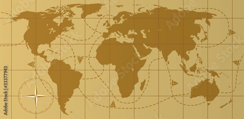 Board z aluminiowym obramowaniem Wektor retro mapa świata z różą wiatrów