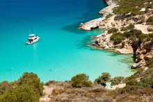 Ship Anchored In The Bay. Crete. Greece.
