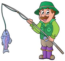 Cartoon Fisherman With Rod And Fish