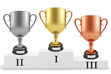 3d gold silver bronze cups on podium