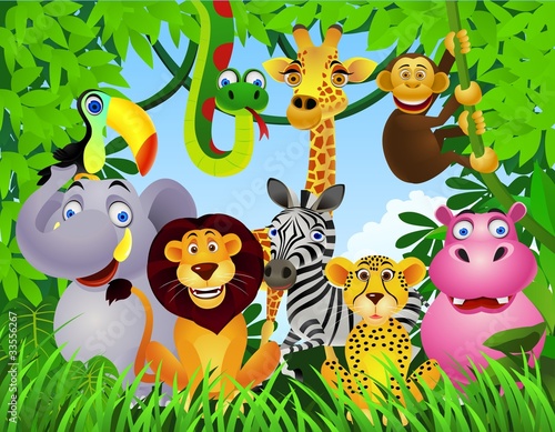 Fototapeta dla dzieci Rysunkowe zwierzęta na tle dżungli