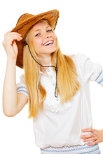 Pretty Smiling Cowgirl In Hat And White Blouse