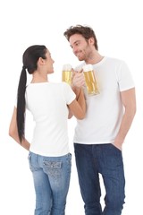 Poster - Young couple drinking beer having fun smiling