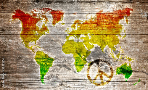Obraz na płótnie canvas dwuczęściowy "dyptyk" Holzschild - rasta worldmap symbol pokoju