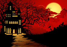 Halloween Background With Haunted House And Cemetery