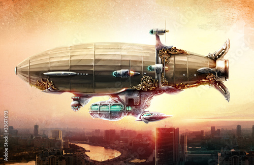 Fotomural Dirigible balloon in the sky over a city